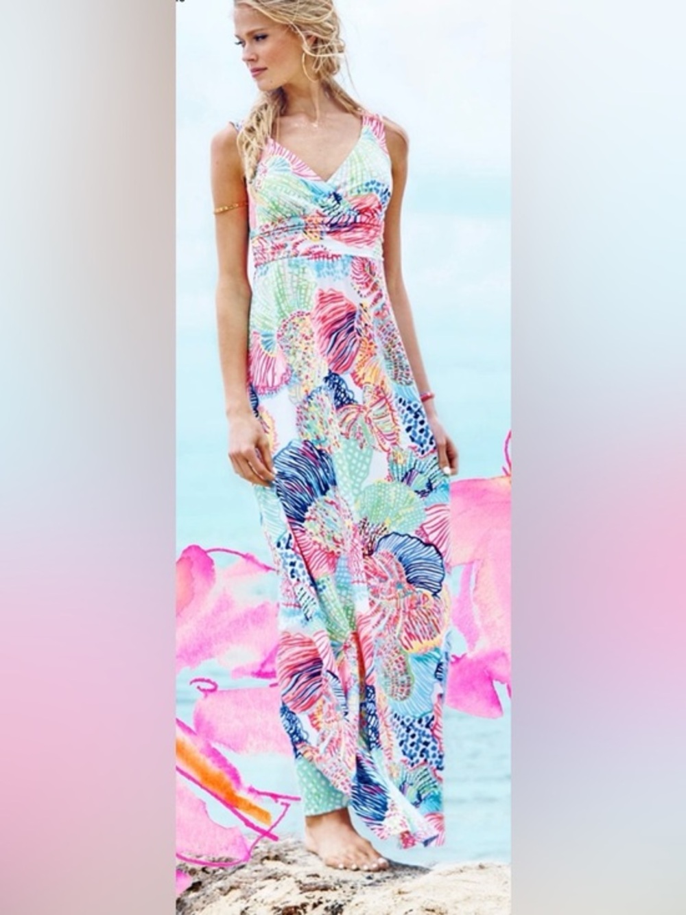 Lilly Pulitzer Colorful Print Maxi Dress Empire Waist Sleeveless M